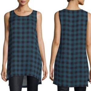 Eileen Fisher Blue Black Buffalo Plaid Checkered Sheer Dress 100% Silk Sz Small